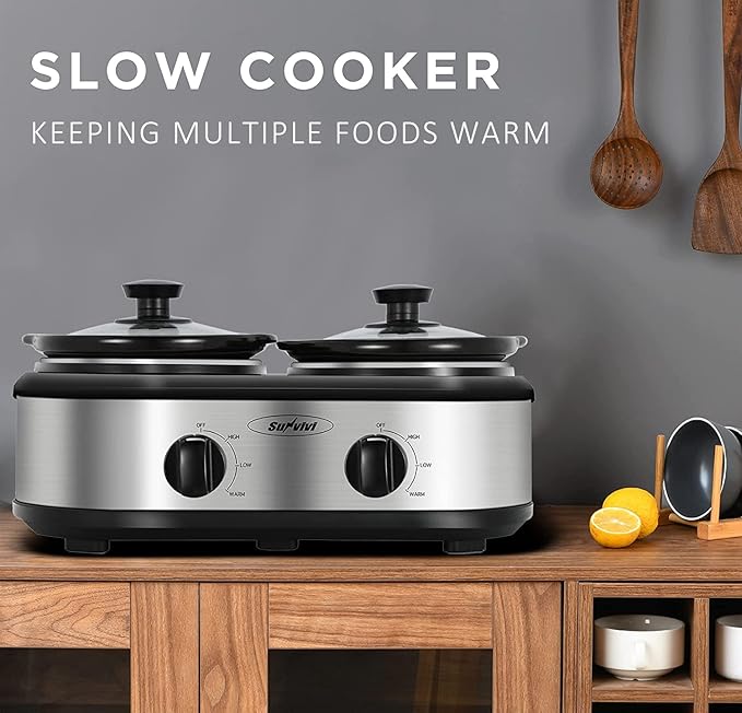 Sunvivi Dual Pot Slow Cooker, 2 Pot Small Mini Crock Buffet Server and Warmer, Upgraded Oval Ceramic Double Pot Buffet Food Warmer Adjustable Temp Glass Lid, Total 2.5 Quarts