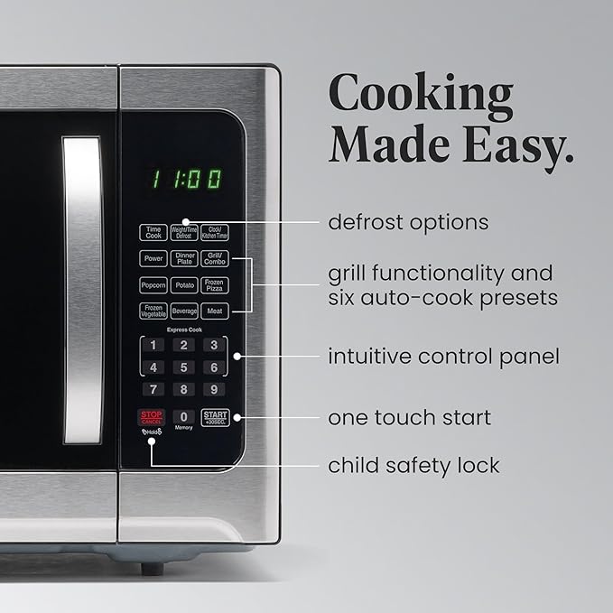 Farberware Countertop Microwave Oven 1.2 Cu. Ft. 1000 Watt with LED Lighting, Child Lock, Easy Clean Grey Interior, Stainless Steel, Black Stainless