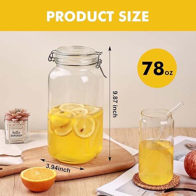 78oz Glass Food Storage Jars with Airtight Clamp Lids, 3 Pack Wide Mouth Large Kitchen Canisters for Flour, Cereal, Beans, Pasta and Canning, Square Mason Jar with Labels
