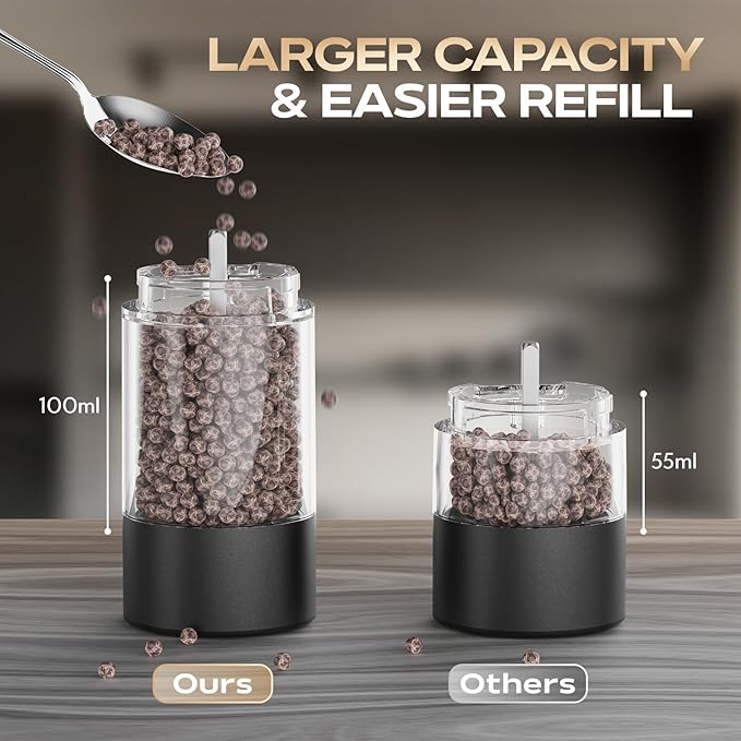Electric Salt and Pepper Grinder Set, Rechargeable Automatic Salt Pepper Shakers Mills, Adjustable Coarseness Easy Filling with Base, for Kitchen Outdoors Gift- 2 Packs, Upgrade Black