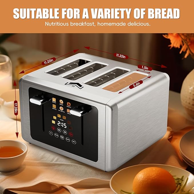4 Slice Toaster, Touchscreen & Dual Independent Control Panel,5 Basic Functions & Digital Countdown Toasters, 6 Shade Settings&6 Bread Types, Smart Bread Maker Mute/Screen-Off,Brushed steel