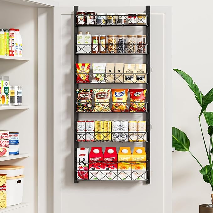 MIAOLI Over the Door Organizer, Black 6-Tier Pantry Door Organizer with Adjustable Basket, Hanging Spice Rack Cabinet Door Shelves, Laundry Room Organization and Storage