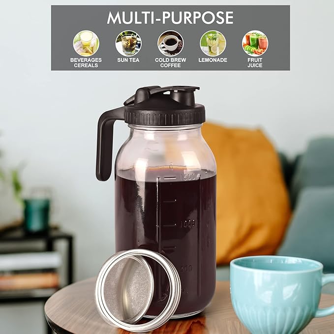 Cold Brew Mason Jar iced Coffee Maker, Durable Glass, - 64 oz (2 Quart / 1.9 Liter), With Handle& Stainless Steel Filter for Iced Brew Coffee, Lemonade, Ice Tea, Homemade Fruit Drinks Container