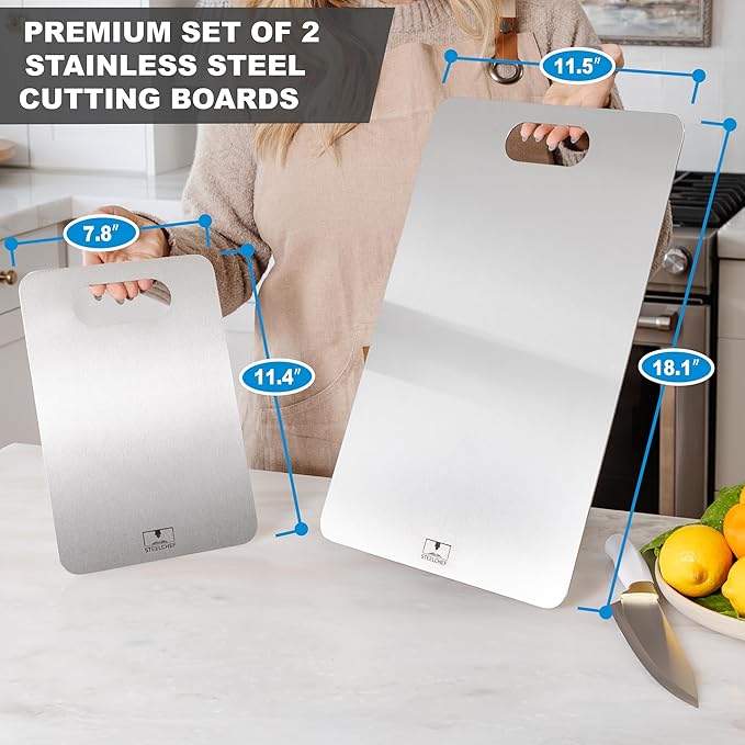 2-Pack Oversized Stainless Steel Cutting Boards – Anti-Slip Rubber Grip - Oversized Handles – Hypoallergenic - Includes XL 18.1"x11.8" & Compact 11.4"x7.8" Stainless Steel Boards