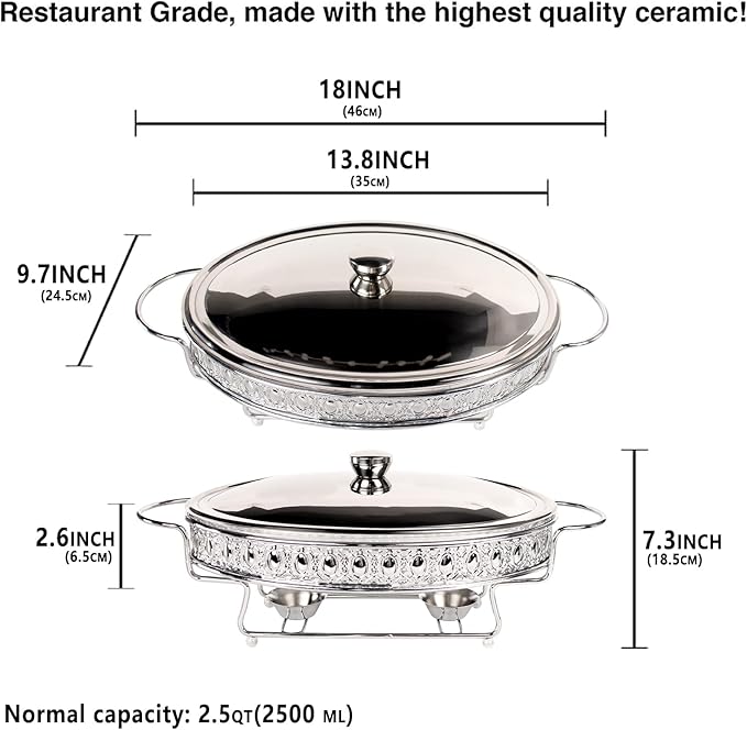 Casserole Dish 13" x 9" Glass Baking Dish with Stainless steel Lid and rack, Silver oval 2.5 Qt Large Baking Pan For Casserole & Lasagna, Microwave Dishwasher Freezer Oven Safe