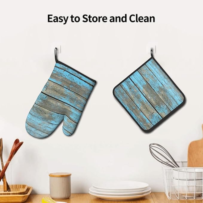 Blue Wood Oven Mitts and Pot Holder Set of 2 Rustic Board Heat Resistant Gloves Hot Potholders Kitchen Decor for Cooking Grilling Baking