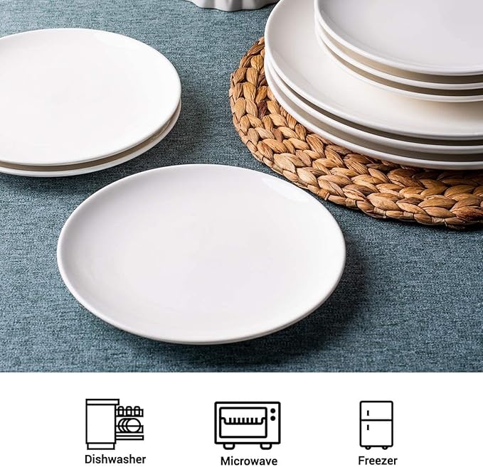 DELLING 7 Inch Appetizer Plates Set, White Ceramic Dessert Plates/Salad Plate - Small Round Serving Plates for Snacks, Side Dishes, Pasta, Microwave & Dishwasher Safe - Set of 4