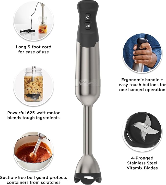 Vitamix 5-Speed Immersion Blender 3-Piece Bundle, 625-Watt Motor, One-Handed Operation, 5 ft cord, includes Whisk Attachment & Storage Case, Stainless Steel/Black