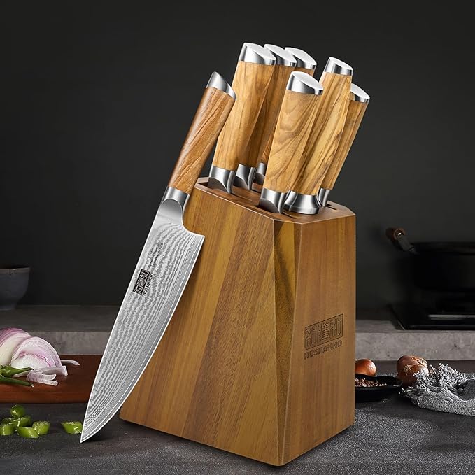 Knife Set with Block 7-Piece, Professional 67-layer Damascus Super Steel Kitchen Knife Sets for Cooking, Ultra Sharp Knife Set with Sharpener