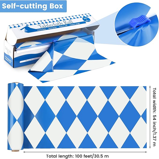 100 Ft x 54 Inch Oktoberfest Plastic Tablecloth Roll with Slide Cutter Box Disposable Bavarian Blue & White Argyle Design, Waterproof Blue Diamond Table Cover for Festivals Events Party Decor