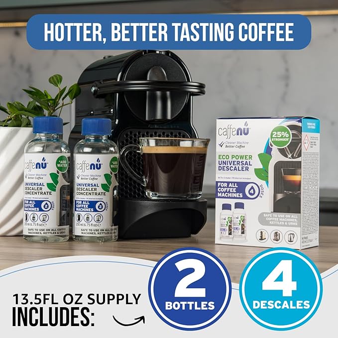 Universal Coffee Machine Descaling Solution. Coffee Machine Descaler Liquid 4 Uses. Descaler Kit. Part of your Barista Accessories Set. Compatible with Nespresso, Phillips, Lavazza, Verismo and More!