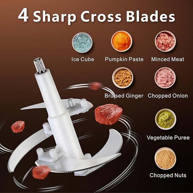 Electric Food Processor, 450W Meat Grinder Vegetable Chopper with 8cup/2L Glass Bowl, Electric Meat Chopper Veggie Cutter with 2 Speeds&4 Blades, Kitchen Blender Mixer for Baby Food Puree,Garlic,Onion