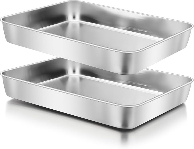 Herogo 10.5" x 8" x 2" Deep Baking Pan Set of 2, Stainless Steel Rectangle Sheet Cake Pan for Lasagna Brownies Casseroles Cakes, Dishwasher Safe & Durable