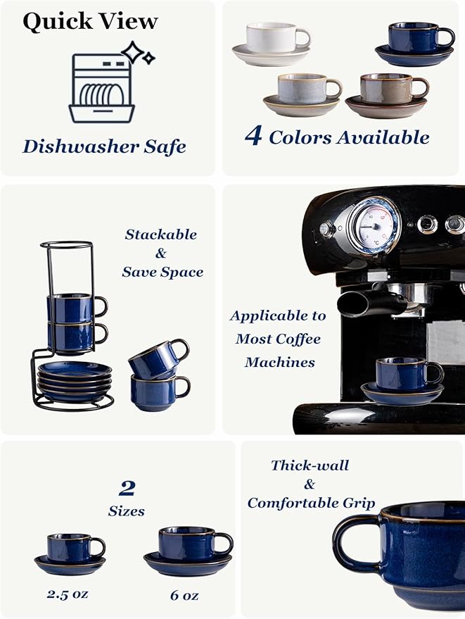 Gomakren 2.5 Ounce Espresso Cups Set of 4, Small Stackable Coffee Cups with Saucers and Metal Stand, Halloween Porcelain Demitasse Cups for Specialty Coffee Drinks, Espresso, Cappuccino, Cobalt Blue