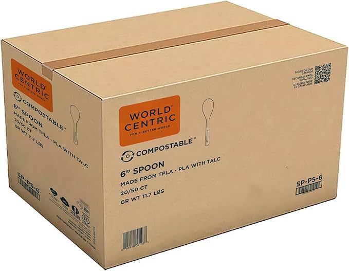 World Centric Compostable Spoon 6" - Made from Plants and Minerals, White TPLA - 1000 Pack
