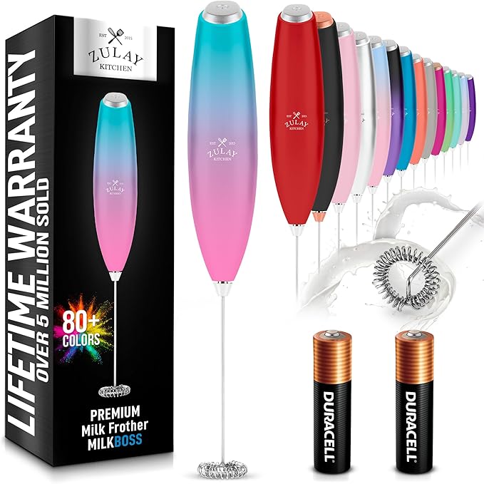 Zulay Kitchen Handheld Milk Frother with Duracell AA Batteries – Ultra Fast Electric Mixer & Foam Maker, Easy-Clean Drink Mixer for Coffee & More - Teal Pink Fade