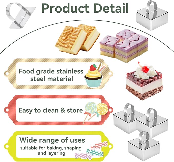 Uncle Jack 4 Pieces Food Ring Molds Set, 3 Inch Stainless Steel Cake Ring Mold with Pusher, for Kitchen Tools, Baking Pastry, Cake, Mousse (Include 4 Rings and 4 Pushers)