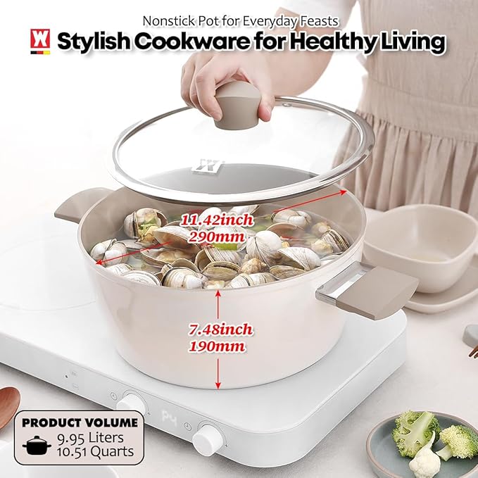 Large Size Aluminum Stock Pot with 7-Layered Ceramic Coating, Non-Stick Surface, Bakelite Stay-Cool Handles,Tempered Glass, Family Meal, Deep Design, 9.95Liter / 10.51Quarts