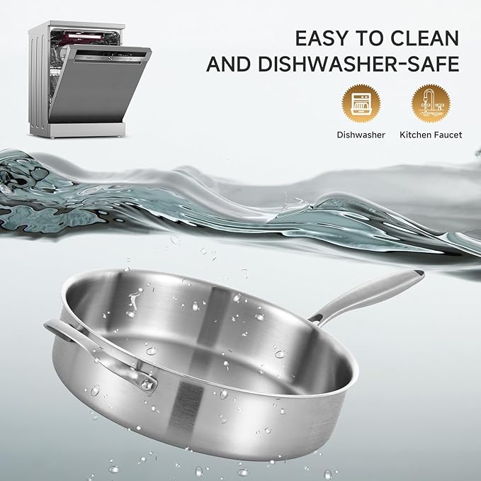 LOLYKITCH 5 Quarts Tri-Ply Stainless Steel Sauté Pan wih Lid, 12 Inch Deep Frying Pan,Jumbo Cooker,Induction Cooking Pan,Dishwasher and Oven Safe,Detachable Handle.