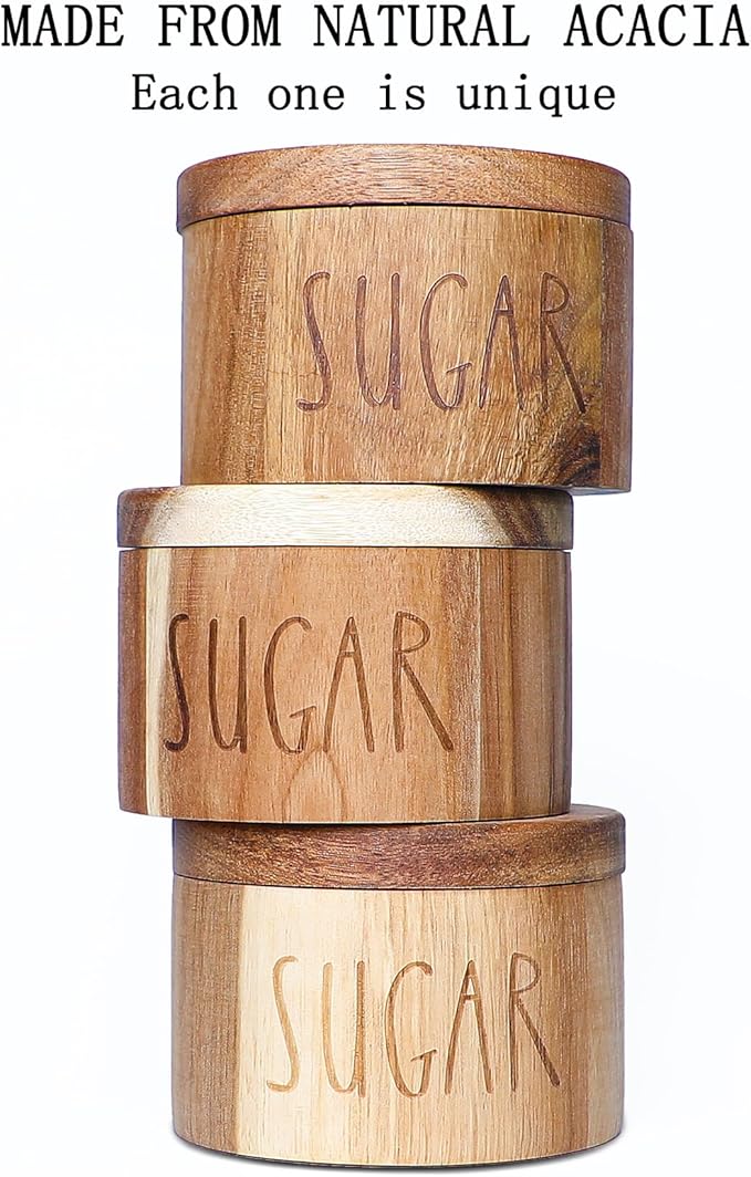 Acacia Wood Spice Box with Swivel Lid and Built-in Spoon for Kitchen Countertop,Farmhouse Kitchen Decoror for Storing Salt, Peppers, Sugar or Seasonings (Labeled “SUGAR”)