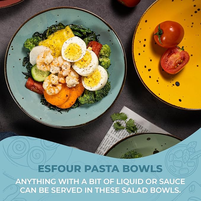 8.1 Inch Serving Bowls - Set of 6 | 16 Oz Large Pasta Salad Bowls, Microwave/Oven Safe, Wide Shallow Porcelain Bowls for Party, Dinner, Entertaining, Stackable - Vivid Assorted Colors