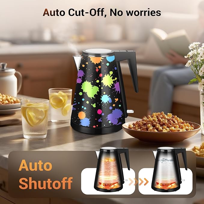 1.2L Double Wall Stainless Steel Interior Water Boiler, Cordless, 1000W Fast Boil with LED Light Coffee Pot & Tea Electric Kettle, Auto Shut-Off and Boil-Dry Protection (Colorful Graffiti)