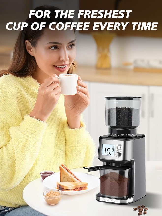 Homtone Conical Burr Espresso Coffee Grinder, 51 Precise Settings, Electric Mill with Portafilter Holder, 2-12 Cups Adjustable, Anti-static, Stainless Steel, 120V