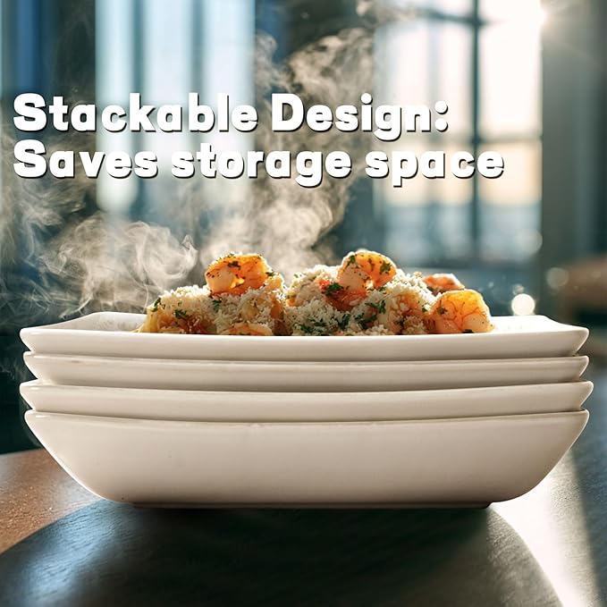 Artena Ceramic Pasta Bowls Set of 4-9.85 Inch Large Salad Bowls, 25 oz Serving Bowls for Soup, Dinner & Party - Embossed Microwave Safe Kitchen Dishes, Rectangle Plates (Pinwheel Flower)