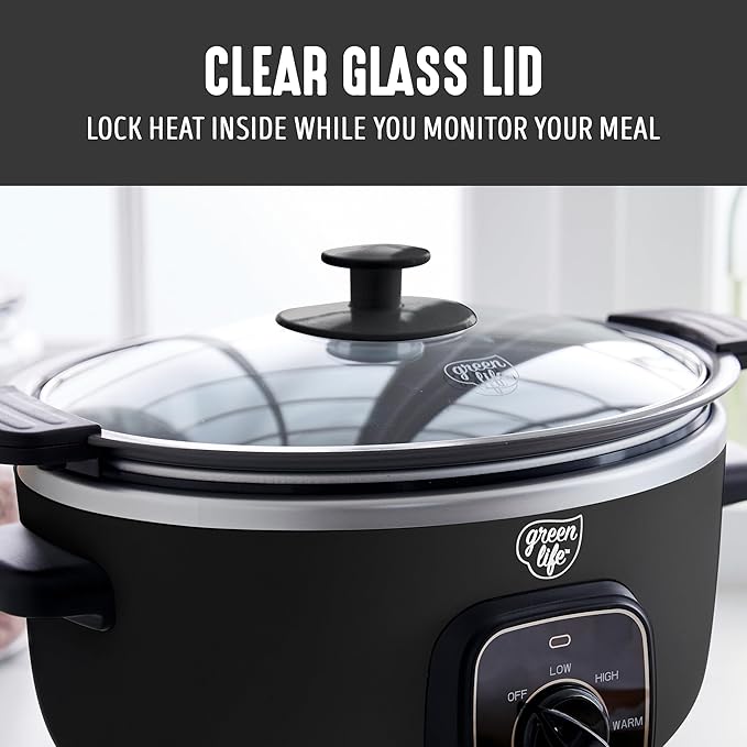 GreenLife 3.5QT Slow Cooker, Non-Toxic PFAS-Free Ceramic Nonstick Removable Interior Bowl, Programmable, Keep Warm, Stovetop & Oven Safe, Dishwasher Safe Parts, Glass Lid, Black