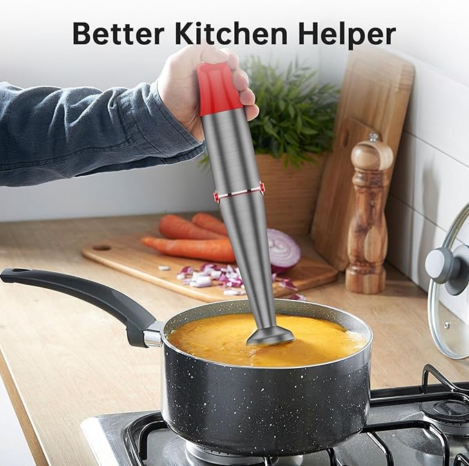 Immersion Blender Handheld Corded Hand Blenders Set 1100W, Trigger Variable Speed 5 in 1 Stick Emulsifier with Chopper, Whisk and Frother for Soup, Baby Food and Smoothies, Red
