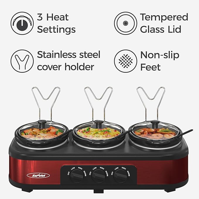 Sunvivi Triple Slow Cooker Buffet Servers and Warmer,3 Pot Food Small Mini Manual Slow Cooker with Adjustable Temp Stainless Steel Lid Rests,Removable Ceramic Pot, 3 * 1.5 Quarts Red