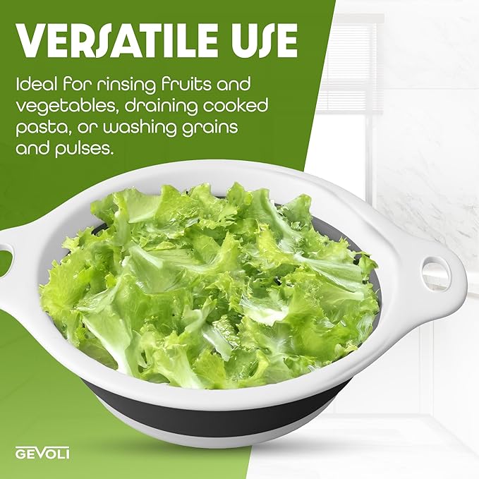 Collapsible Colander Strainer, Includes Over-sink Countertop Draining Base (5QT) Large Kitchen Drainer for Vegetables Fruit and Pasta, Round Foldable Draining Basket, Easy Storage (White)