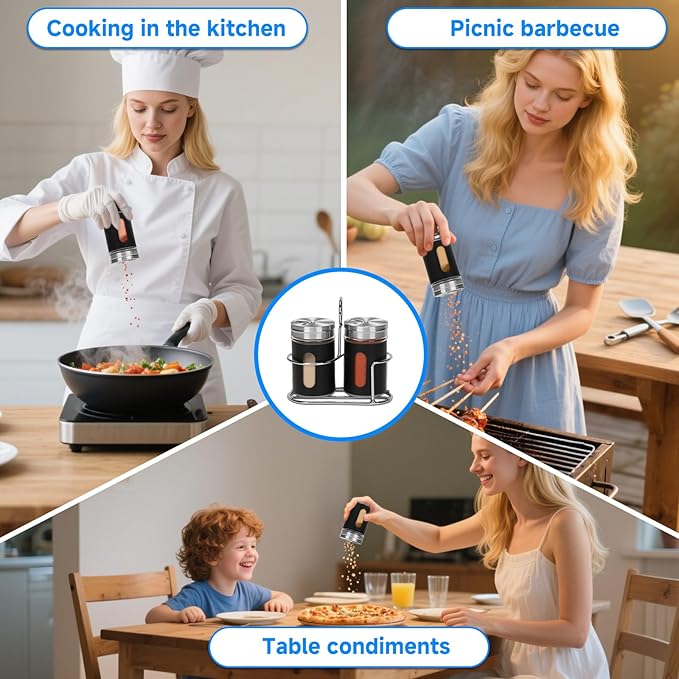 Glass Salt and Pepper Shaker Set with Seasoning Rack, Spice Rack, Adjustable Pour Hole Stainless Steel Lid, 2.8 oz, Spice Dispenser for Salt, Pepper, Spice Preservation (black)