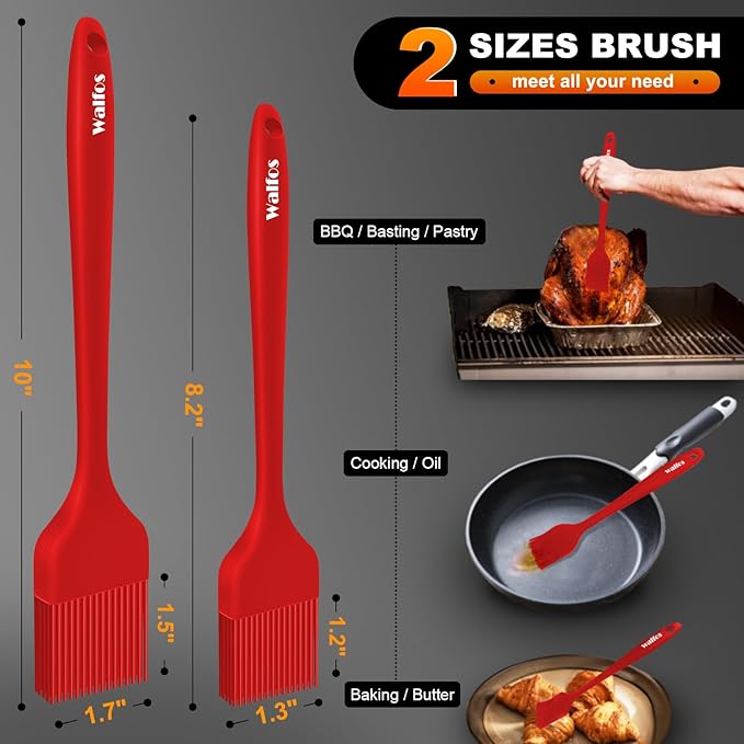 Walfos Silicone Basting Pastry Brush, Heat Resistant Pastry Brush Set, Strong Steel Core and One-Pieces Design, Perfect for BBQ Grill Baking Kitchen Cooking, BPA Free and Dishwasher safe, 2 Pcs (red)