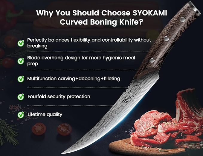 Boning Knife for Meat Cutting, 6.5 Inch Japanese Style Fish Fillet Knife with Wood Handle, High Carbon Razor Sharp Curved Blade for Deboning Trimming, Housewarming Birthday Cooking Gifts