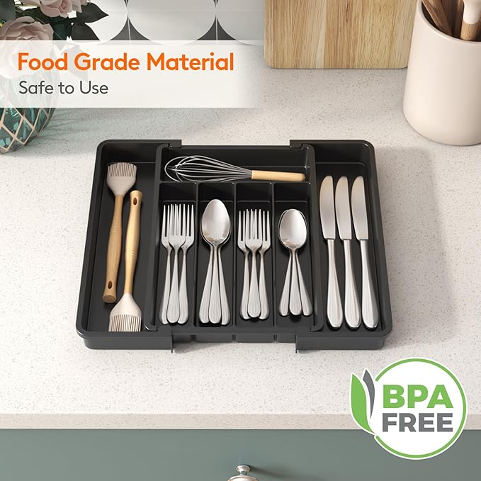 Lifewit Medium Silverware Drawer Organizer, Expandable Utensil Tray for Kitchen, BPA Free Flatware and Cutlery Holder, Adjustable Plastic Storage for Spoons Forks Knives, Black