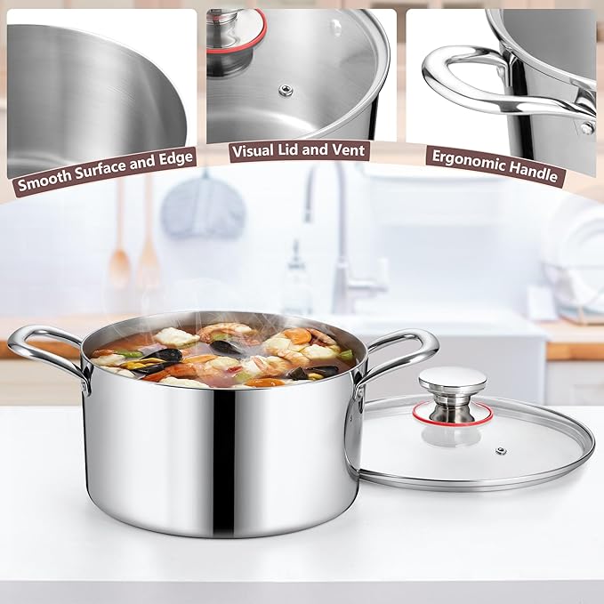 4QT Stock Pot with Lid, Homikit 18/10 Tri-Ply Stainless Steel Cookware Stockpot, Induction Cooking Pot Compatible with All Stove for Soup Pasta Steaming and Stewing, Dishwasher Safe