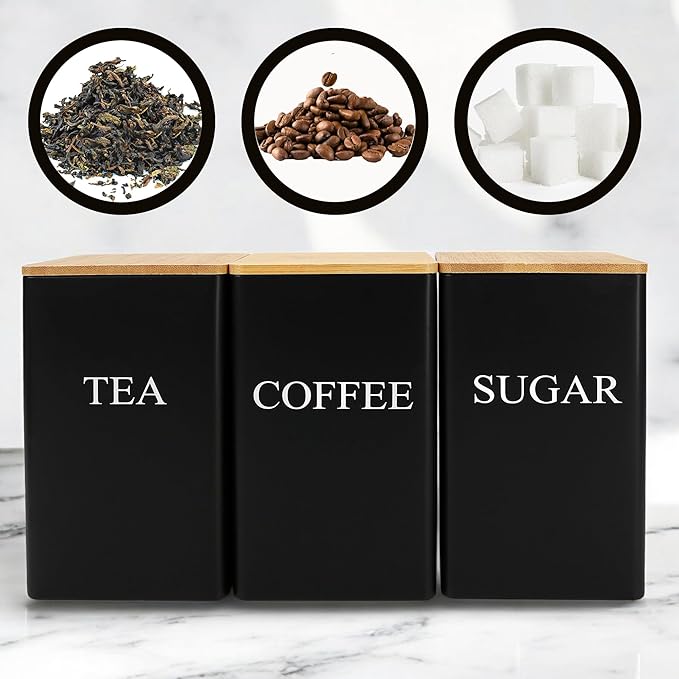 Set of 3 Coffee, Tea, and Sugar Canister Black Iron – Kitchen Storage Jars with Bamboo Lid and Name Marker – Simple Flour Container (6x3 Inch, 33 OZ)