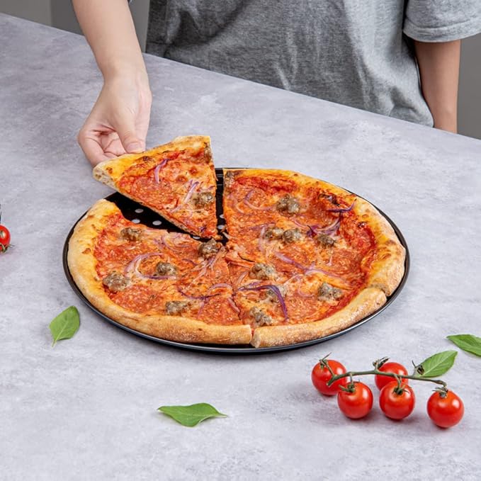 Restaurantware Met Lux 13 Inch Pizza Pan With Holes 1 Heavy-Duty Pizza Pan With Holes - Perforated Non-Stick Carbon Steel Pizza Crust Pan Keeps Pizza Fresh For Any Food Service Establishments
