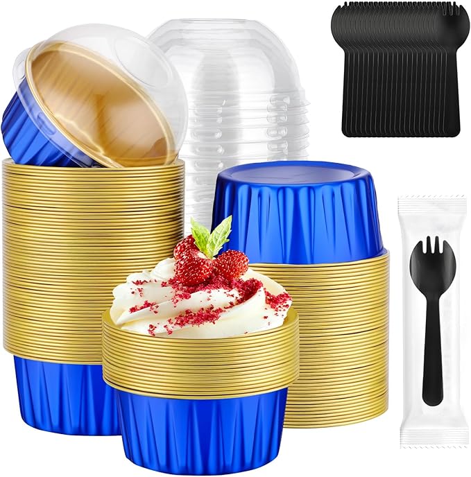 EUSOAR Mini Cake Pans with Lids and Sporks Individually Wrapped, 120pcs 5oz Creme Brulee Ramekins Disposable Cupcake Liners, Foil Ramekins Muffin Dessert Baking Cups for Wedding Picnic Gathering