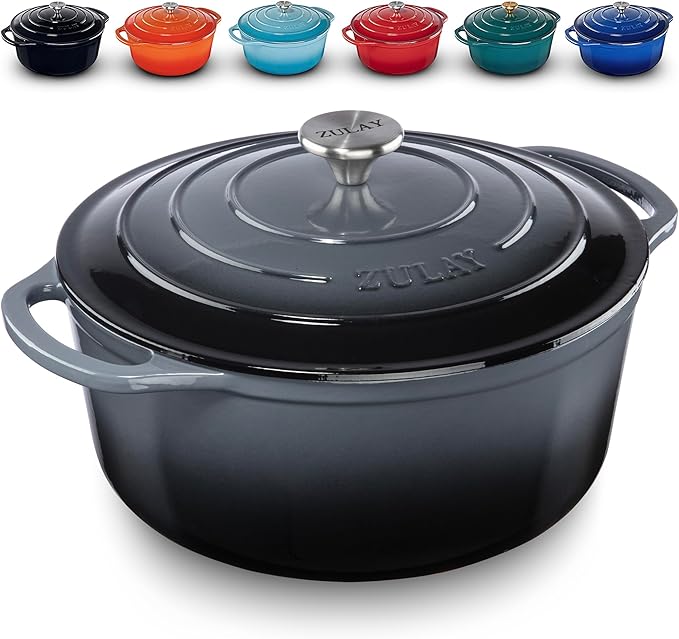 Zulay Kitchen 6 Quart Enameled Cast Iron Dutch Oven with Lid, Silicone Trivet & Heat Pad – Premium Durability & Oven Safe up to 500°F – Heavy Duty Cookware Perfect for Bread Baking, Stews, Braising & Roasting – Gray
