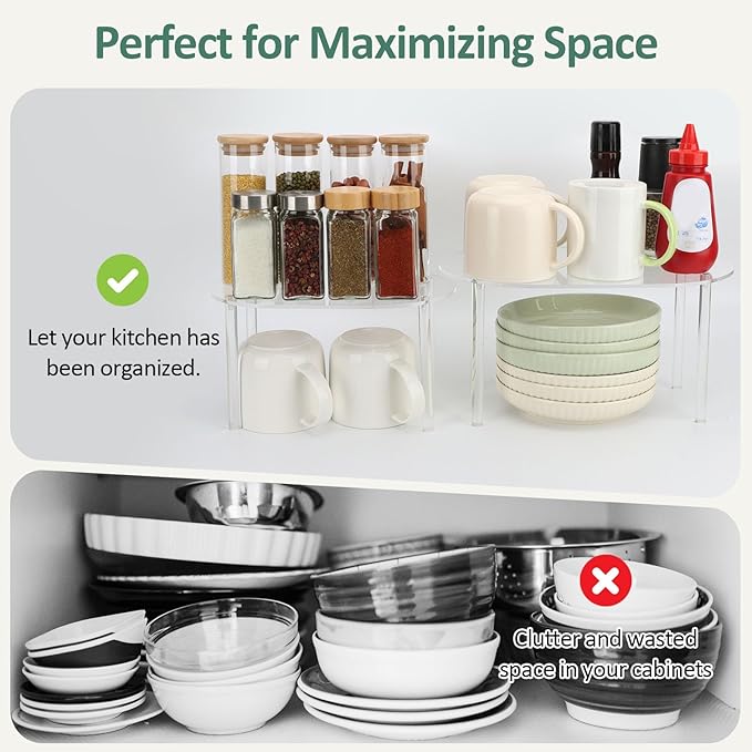 Clear Cabinet Organizer, Storage Shelf Set of 2 | Stackable Kitchen Counter Shelves for Spice Racks, Pantry & Countertop Storage | Space-Saving Bathroom/Desk Organizer