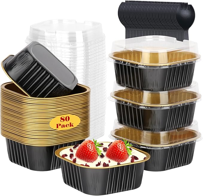 10oz/80pack Mini Cake Pans with Lids,LNYZQUS Small Foil Baking Tins Brownie Baking Cups,4”x4” Disposable Ramekins Jumbo Cupcake Muffin Pan Mini Aluminum Containers Holders-Black