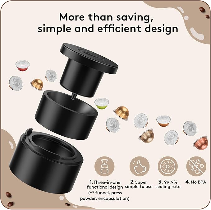 Reusable Kit for Nespresso Pods Vertuo, 50 Pcs Aluminum Foil Seal Lids, Holder & Brush Included – for Refilling Nespresso Vertuo/Vertuoline Pods, Refillable Coffee Capsules Tool Set