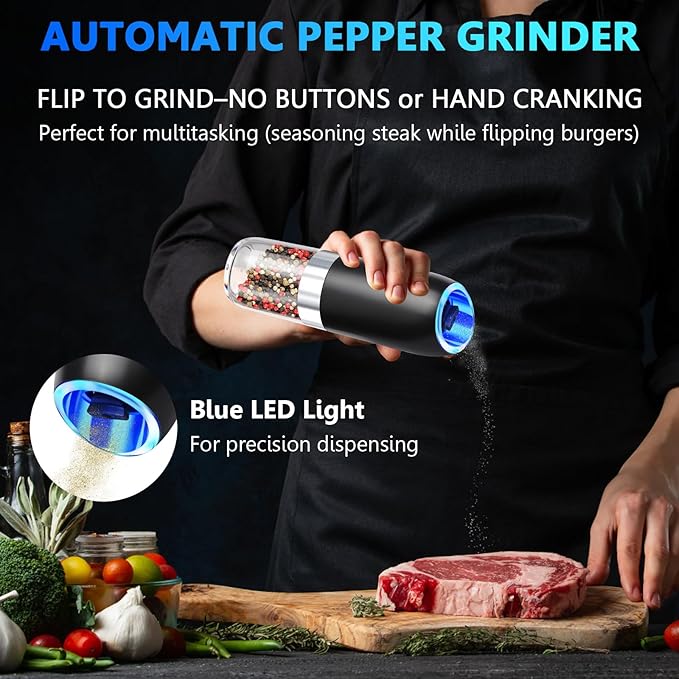 BoAn Gravity Electric Pepper Grinder, Battery Operated Salt and Pepper Grinder Set,Ceramic Larger Chamber Spice Mill Refillable,Adjustable Coarseness Salt Mill for Kitchen Housewarming Gifts New Home