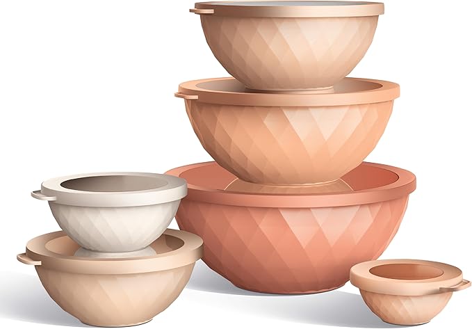 COOK WITH COLOR Mixing Bowls with Lids - 12 Piece Plastic Nesting Bowls Set includes 6 Prep Bowls and 6 Lids, Diamond Design - Microwave Safe (Mint)