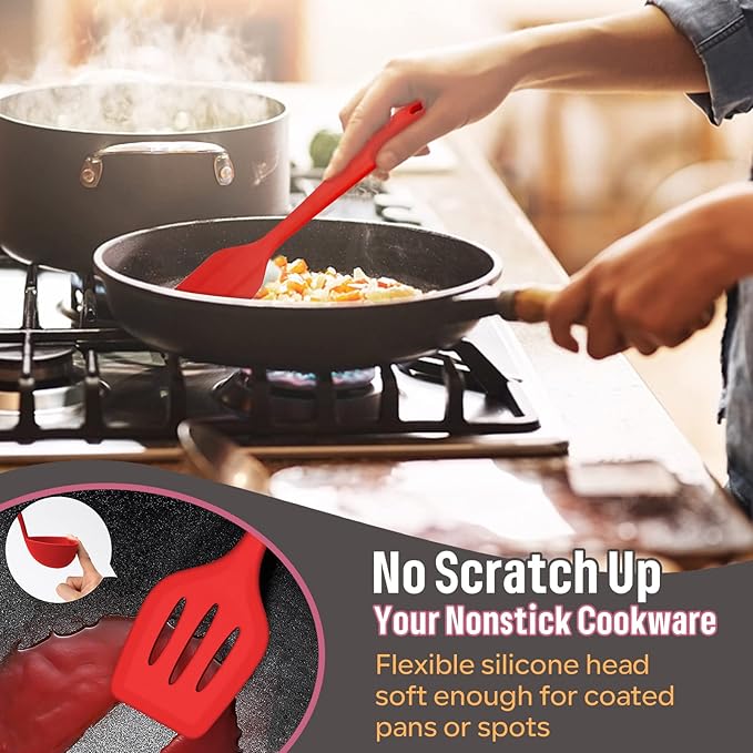 Silicone Kitchen Utensils Set, E-far 23 Pcs Red Cooking Utensils Tools with Holder for Nonstick Cookware, Include Spatula/Spoon/Ladle/Tongs/Turner, Heat Resistant & Nontoxic, Dishwasher Safe