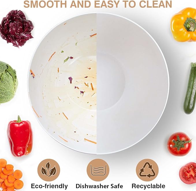 12.6" Extra Large Salad Serving Bowl Set with Wooden Lid&Utensils, 8.4Qt. Bamboo Fiber Salad Bowl with Servers for Kitchen, Lightweight Big Bowl White for Mixing Salad,Fruit,Pasta