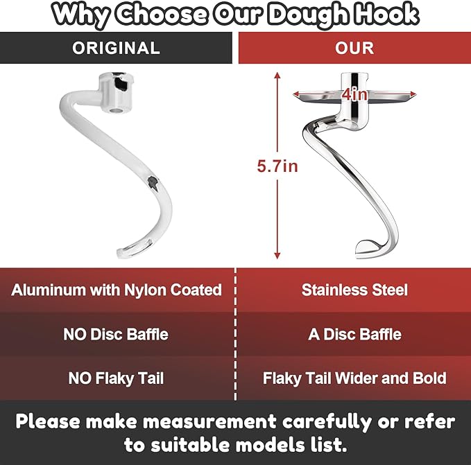 GVODE Stainless Steel Spiral Dough Hook for KitchenAid Stand Mixer, Bread Hook Attachment Fits 4.5-5 QT Mixing Bowl for Tilt-Head Stand Mixers, For KitchenAid Stand Mixer Accessories, Dishwasher Safe