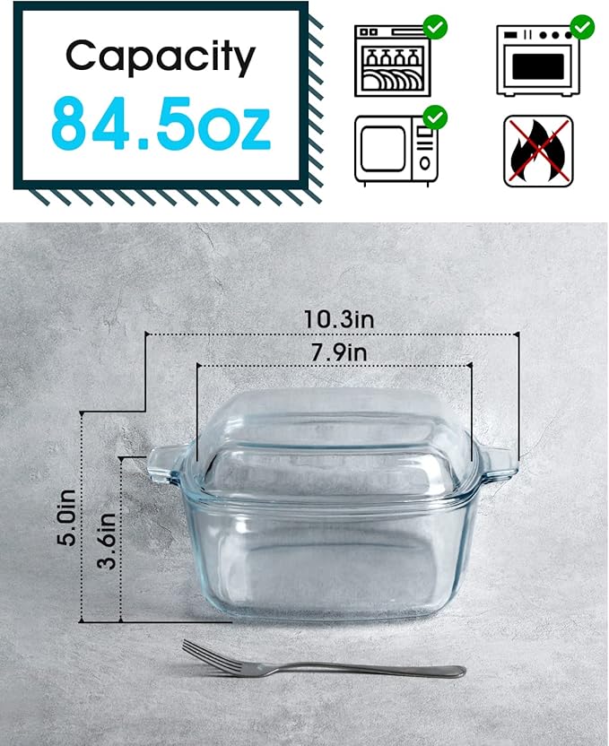 NUTRIUPS 2.5L Glass Casserole with Glass Lid Square Casserole Dish for Oven Glass Microwavable Bowl With Lid